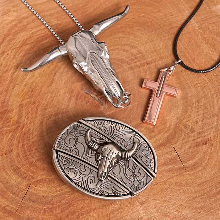 Ensemble de colliers et boucles de ceinture en forme de croix avec couteau caché en forme de taureau en argent antique - Tête de taureau argentée - Sans ceinture - Ceinture non incluse - image 1