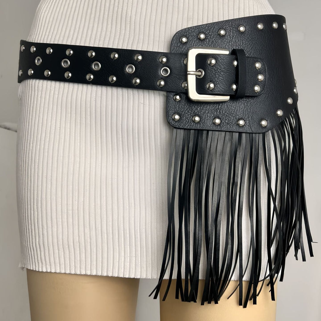 Ceinture corset en cuir à pompons style hippie pour femme style western cowboy - Ceinture à pompons et rivets punk - image 6