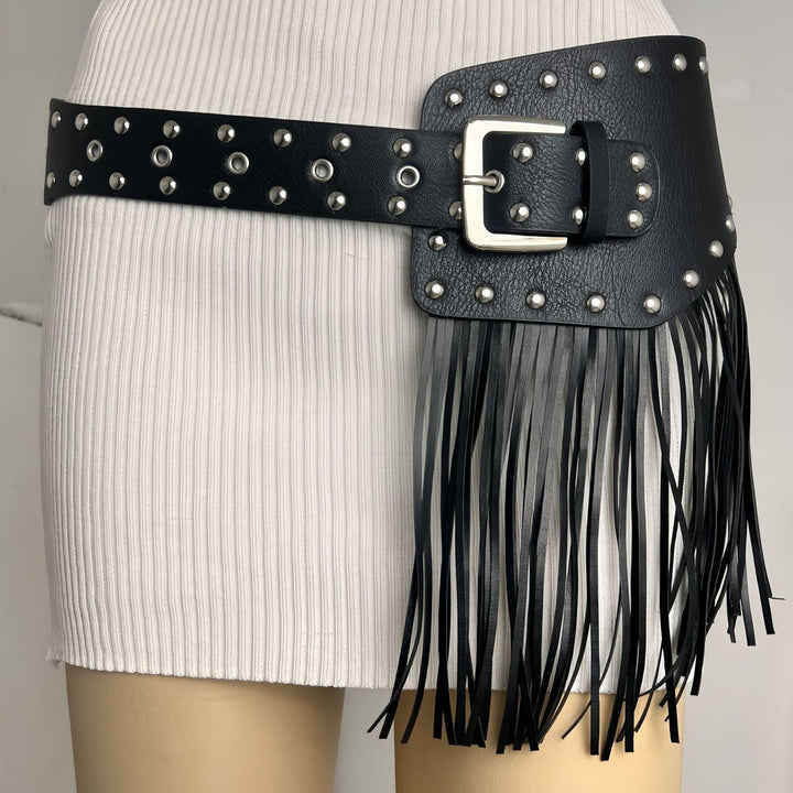 Ceinture corset en cuir à pompons style hippie pour femme style western cowboy - Ceinture à pompons et rivets punk - image 6