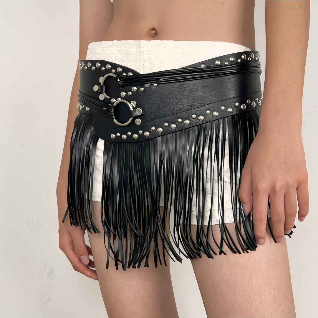 Ceinture corset en cuir à pompons style hippie pour femme style western cowboy - Sangle à pompon noire - image 4