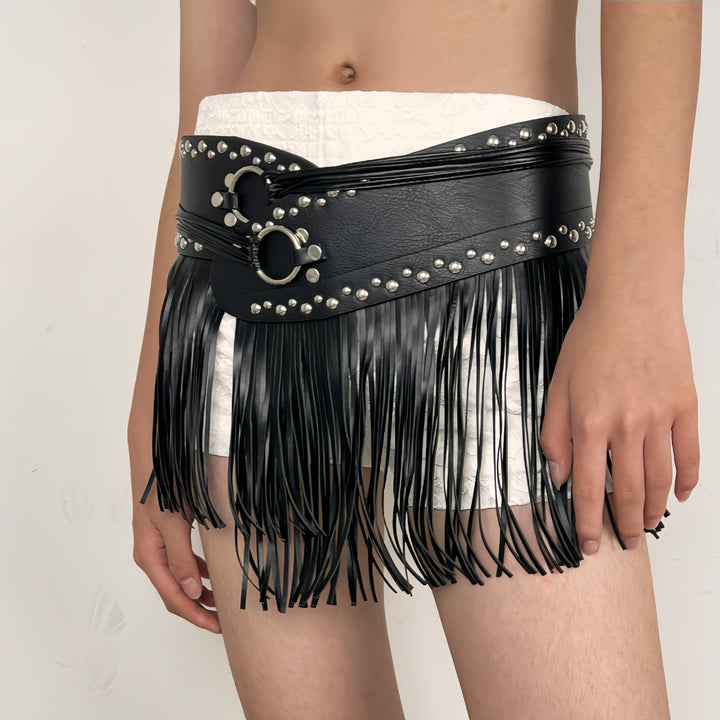 Ceinture corset en cuir à pompons style hippie pour femme style western cowboy - Sangle à pompon noire - image 4