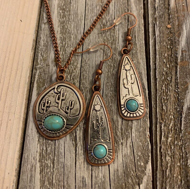 Collier vintage en forme de goutte d'eau avec boucles d'oreilles turquoise et cactus rond - Cuivre rouge ancien - image 2