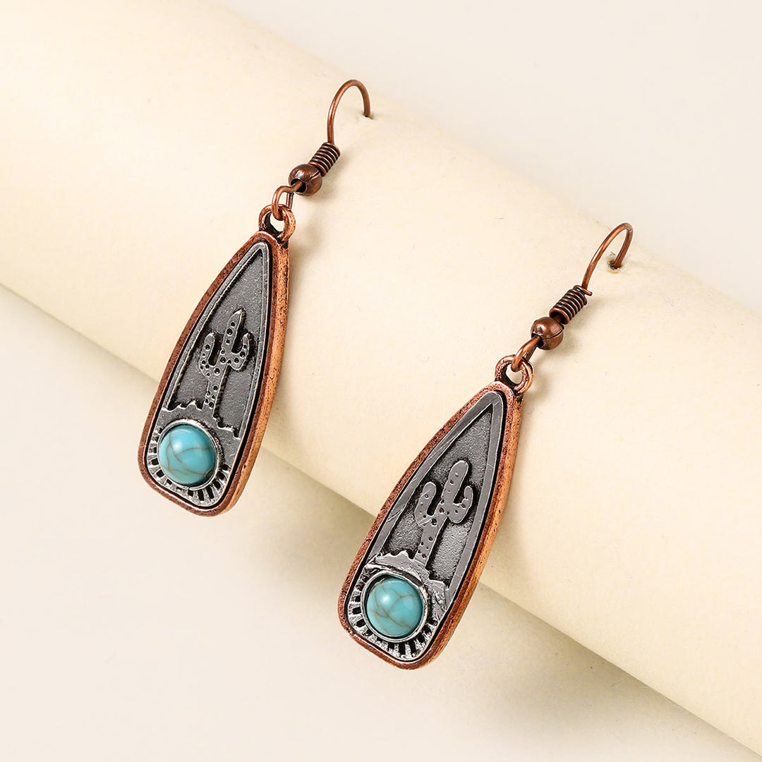 Collier vintage en forme de goutte d'eau avec boucles d'oreilles turquoise et cactus rond - Turquoise - image 3