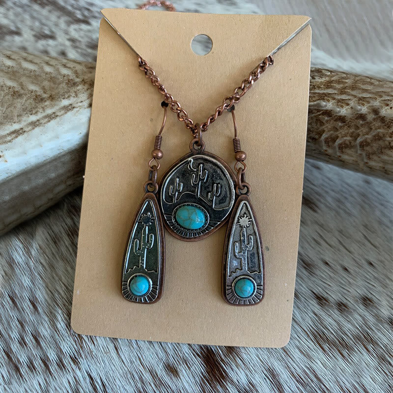Collier vintage en forme de goutte d'eau avec boucles d'oreilles turquoise et cactus rond - image 1