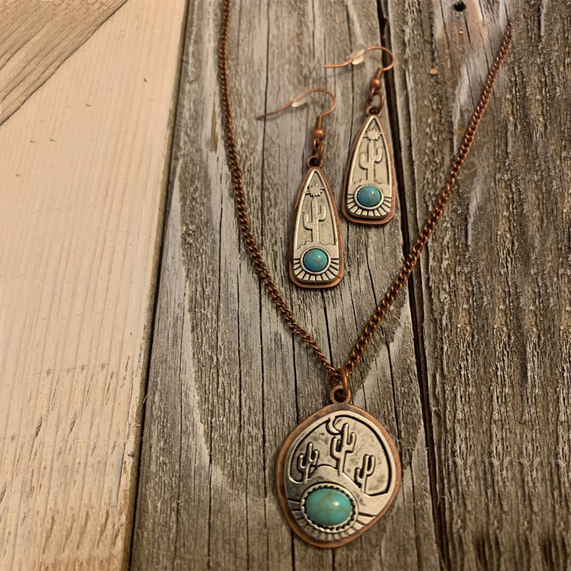 Collier vintage en forme de goutte d'eau avec boucles d'oreilles turquoise et cactus rond - image 1