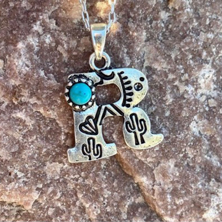 Collier rétro unisexe en métal turquoise avec lettres - R - image 15