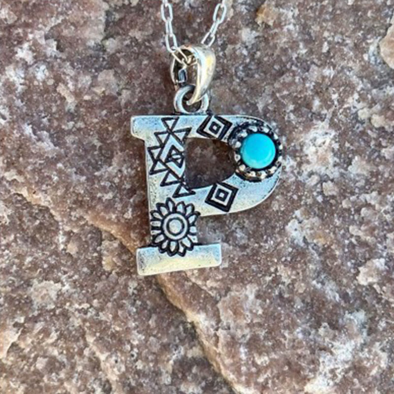 Collier rétro unisexe en métal turquoise avec lettres - P - image 14