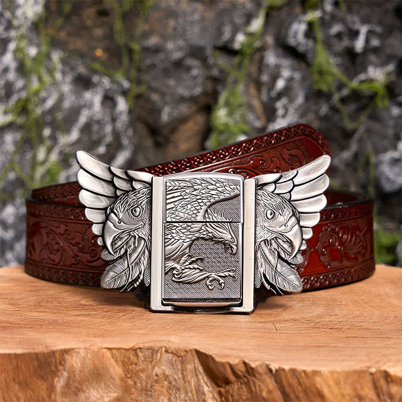 Ceinture en cuir argentée pour homme, motif aigle planant, avec briquet caché - Aigle planant - Ceinture marron sculptée - 42 - image 10