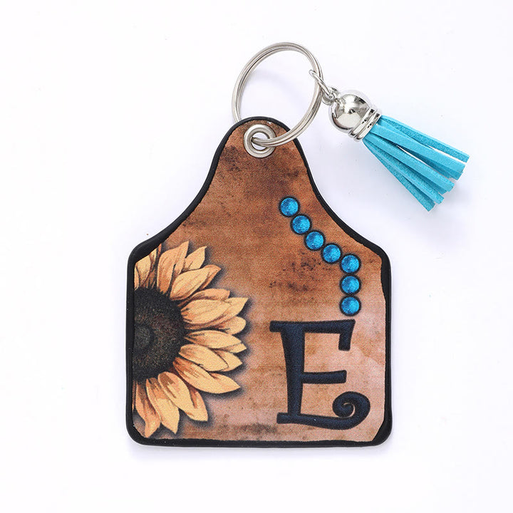 Porte-clés en cuir à pompon tournesol et lettre de style occidental - E - image 7