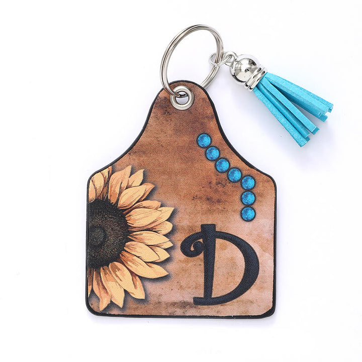 Porte-clés en cuir à pompon tournesol et lettre de style occidental - D - image 6