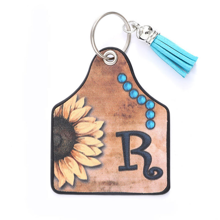 Porte-clés en cuir à pompon tournesol et lettre de style occidental - R - image 20