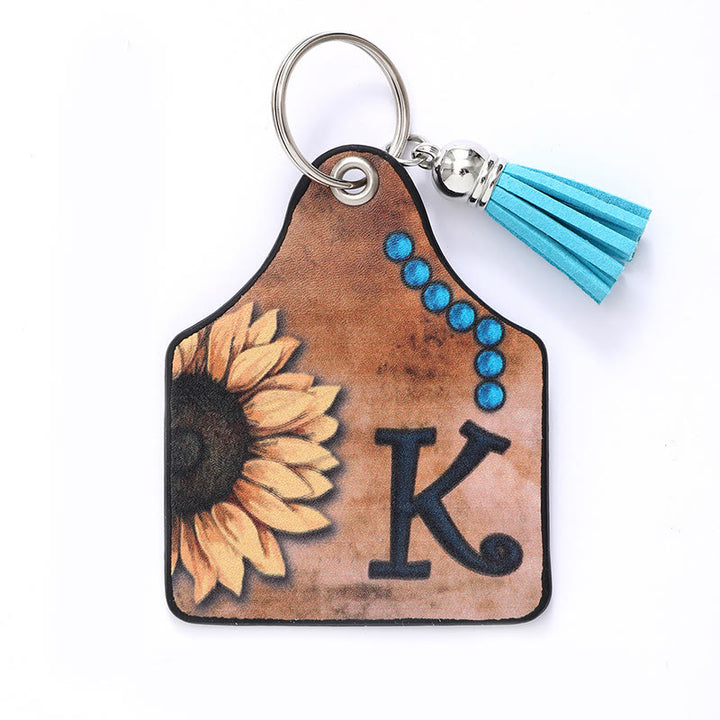 Porte-clés en cuir à pompon tournesol et lettre de style occidental - K - image 13