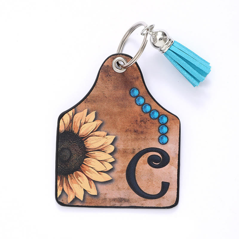 Porte-clés en cuir à pompon tournesol et lettre de style occidental - C - image 5