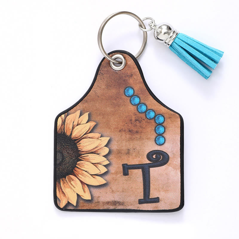 Porte-clés en cuir à pompon tournesol et lettre de style occidental - T - image 22