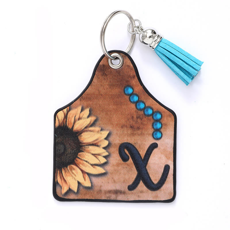 Porte-clés en cuir à pompon tournesol et lettre de style occidental - X - image 26