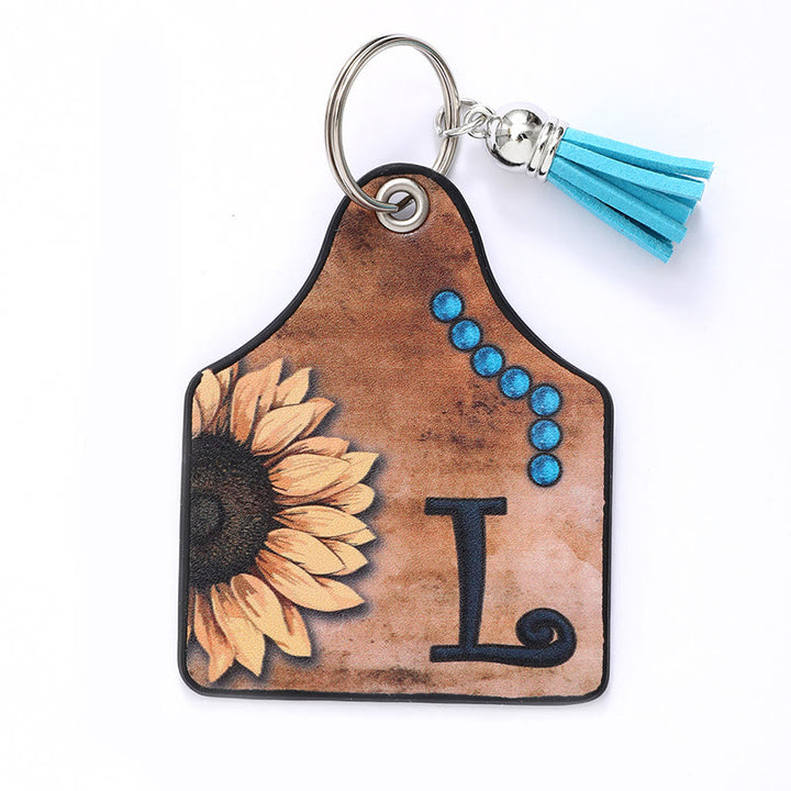 Porte-clés en cuir à pompon tournesol et lettre de style occidental - L - image 14