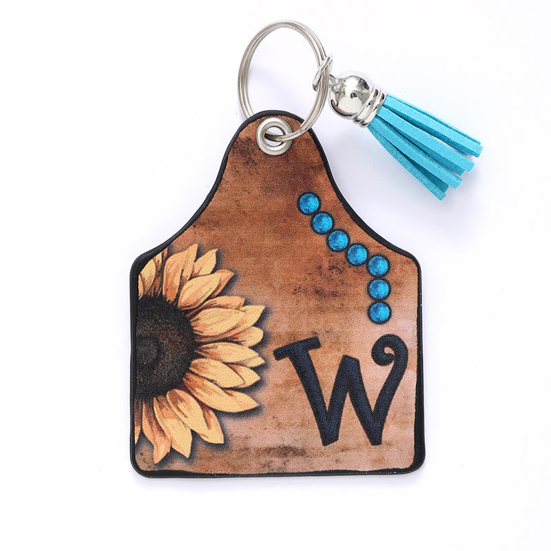 Porte-clés en cuir à pompon tournesol et lettre de style occidental - W - image 25