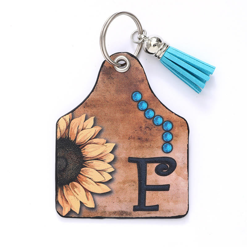 Porte-clés en cuir à pompon tournesol et lettre de style occidental - F - image 8