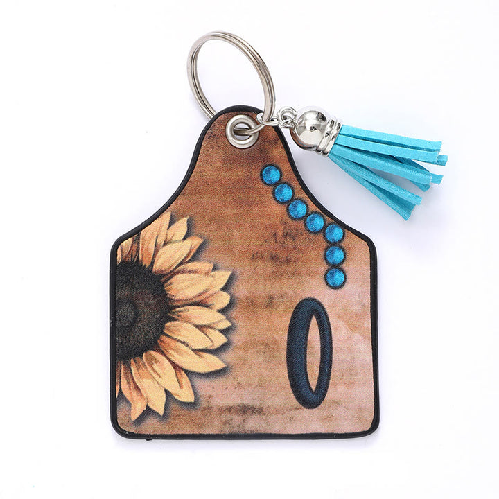 Porte-clés en cuir à pompon tournesol et lettre de style occidental - O - image 17