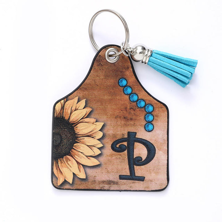 Porte-clés en cuir à pompon tournesol et lettre de style occidental - P - image 18