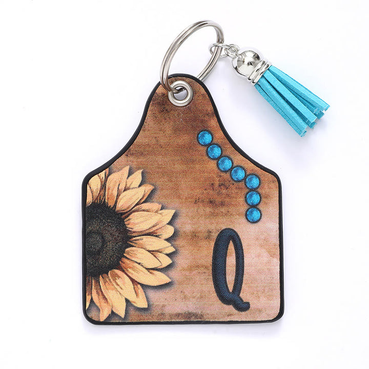 Porte-clés en cuir à pompon tournesol et lettre de style occidental - Q - image 19