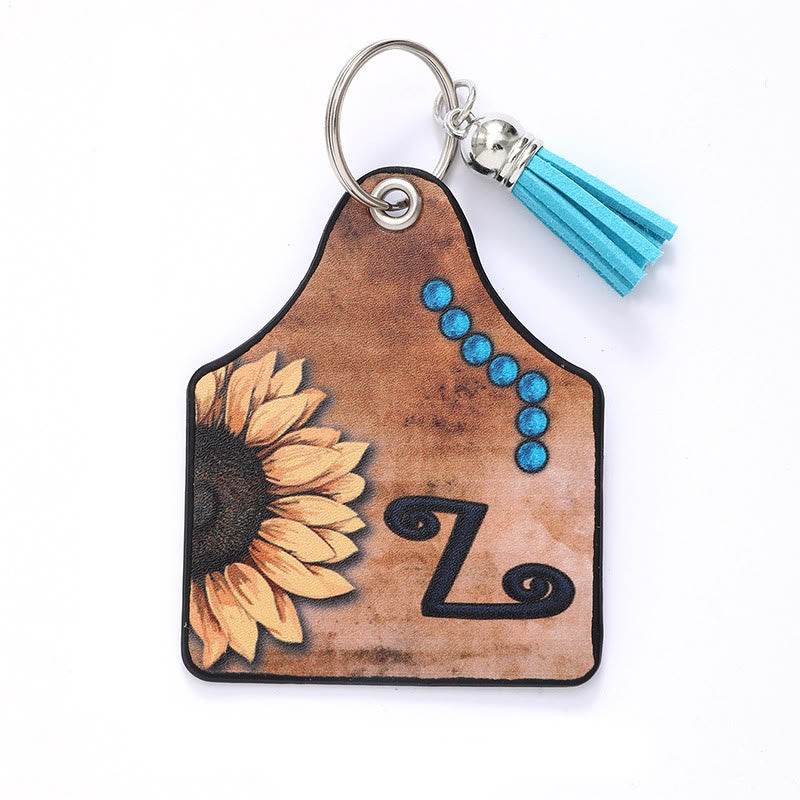 Porte-clés en cuir à pompon tournesol et lettre de style occidental - Z - image 28