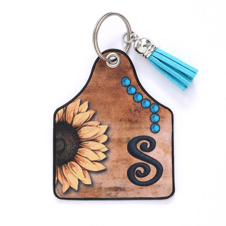Porte-clés en cuir à pompon tournesol et lettre de style occidental - S - image 21