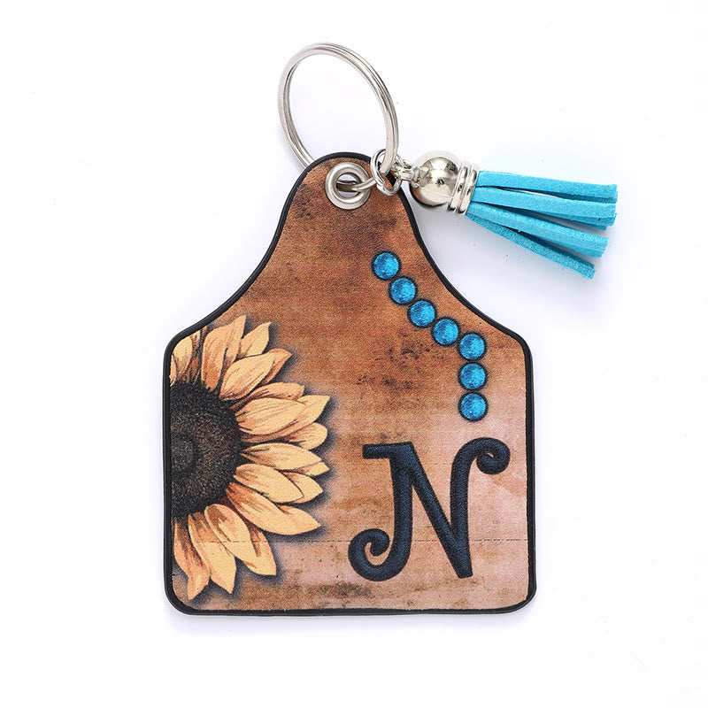 Porte-clés en cuir à pompon tournesol et lettre de style occidental - N - image 16