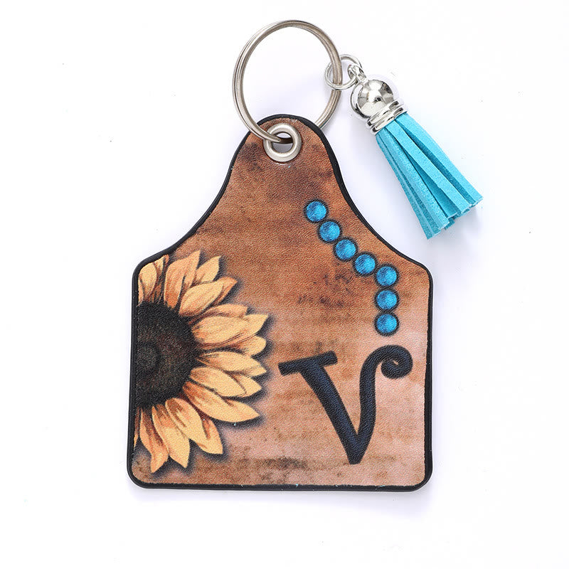 Porte-clés en cuir à pompon tournesol et lettre de style occidental - V - image 24