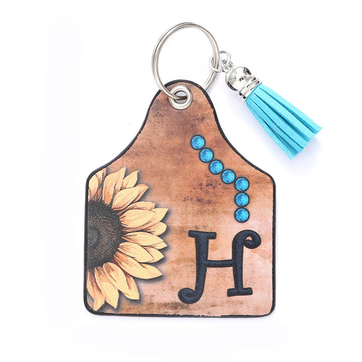 Porte-clés en cuir à pompon tournesol et lettre de style occidental - H - image 10