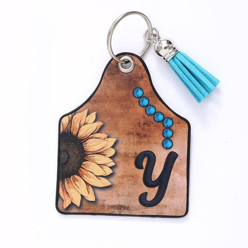 Porte-clés en cuir à pompon tournesol et lettre de style occidental - Oui - image 27