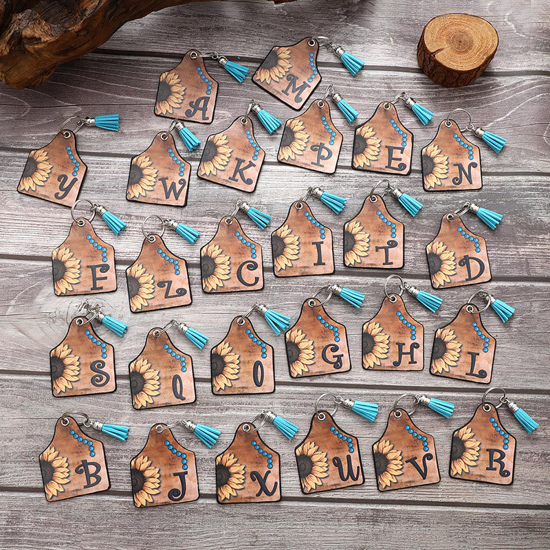 Porte-clés en cuir à pompon tournesol et lettre de style occidental - image 1