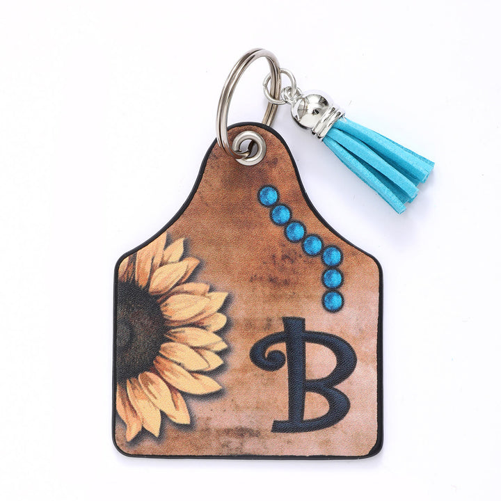 Porte-clés en cuir à pompon tournesol et lettre de style occidental - B - image 4