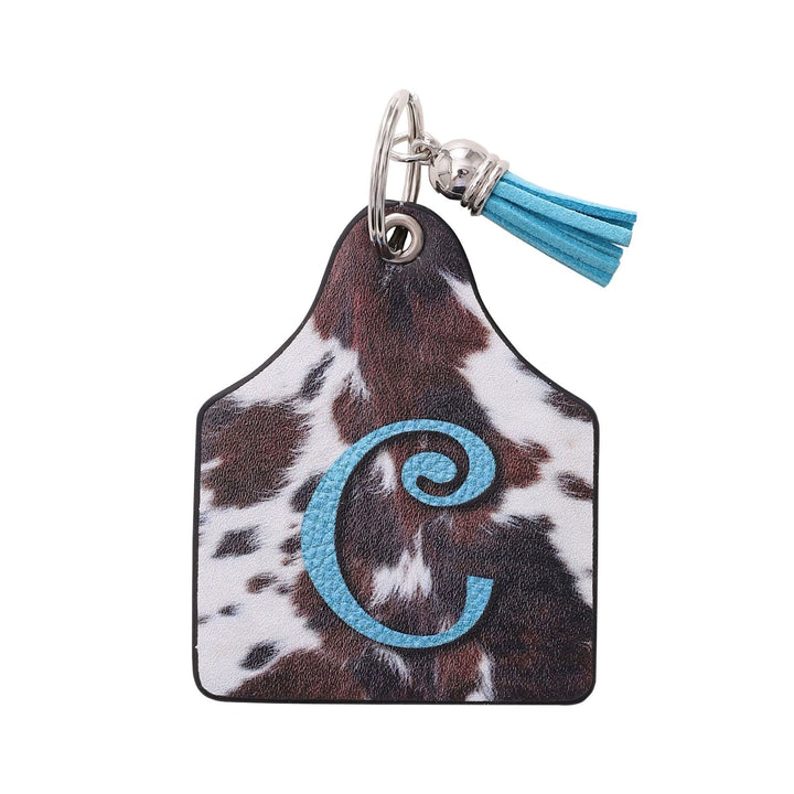Porte-clés en cuir imprimé vintage avec motif de vache et lettres de ferme western - C - image 4