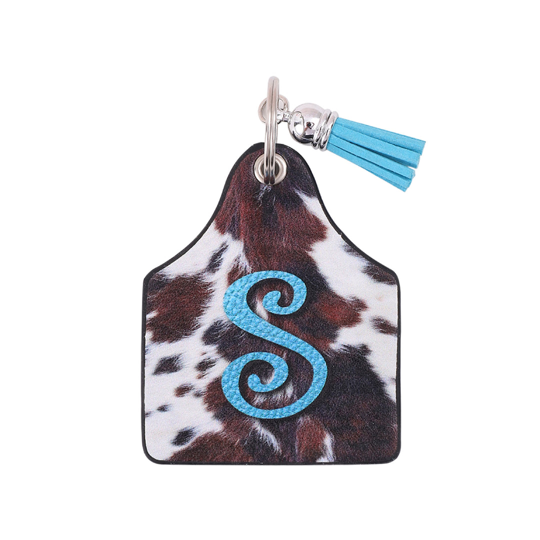 Porte-clés en cuir imprimé vintage avec motif de vache et lettres de ferme western - S - image 16