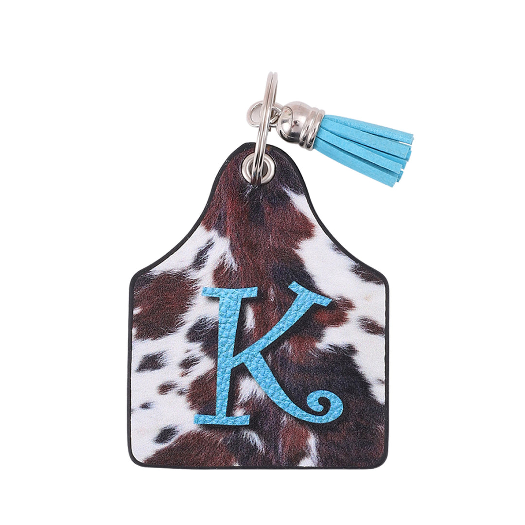 Porte-clés en cuir imprimé vintage avec motif de vache et lettres de ferme western - K - image 10