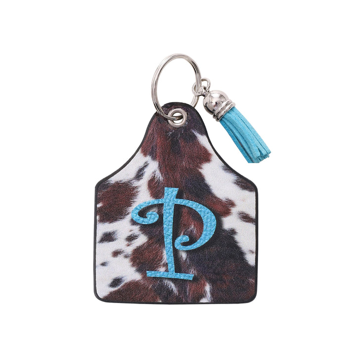 Porte-clés en cuir imprimé vintage avec motif de vache et lettres de ferme western - P - image 14