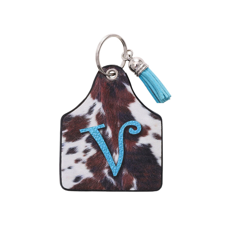 Porte-clés en cuir imprimé vintage avec motif de vache et lettres de ferme western - V - image 18