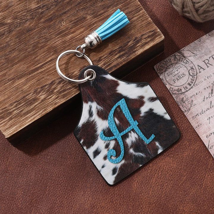 Porte-clés en cuir imprimé vintage avec motif de vache et lettres de ferme western - image 0