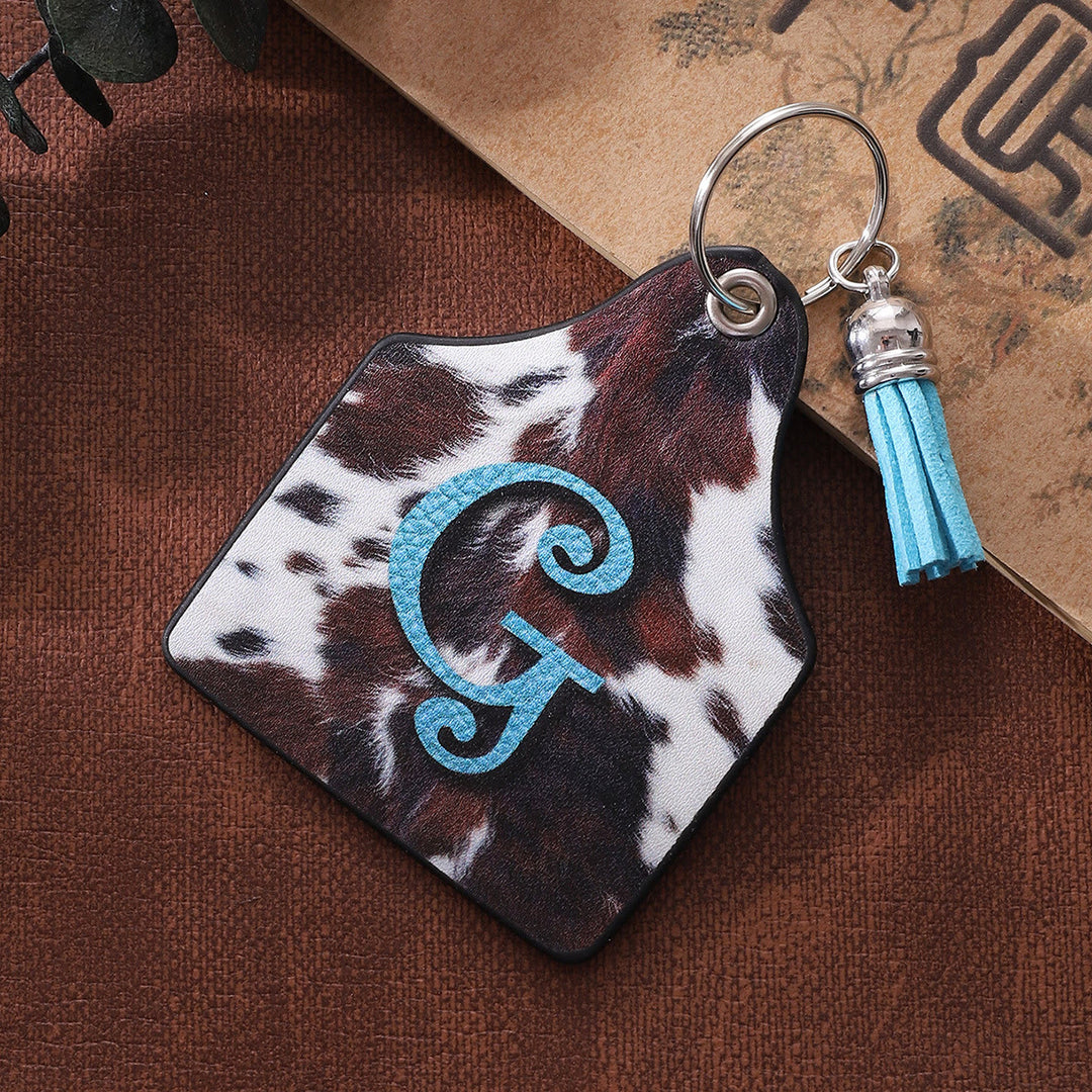 Porte-clés en cuir imprimé vintage avec motif de vache et lettres de ferme western - image 1