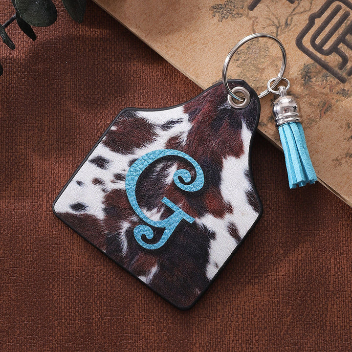 Porte-clés en cuir imprimé vintage avec motif de vache et lettres de ferme western - image 1