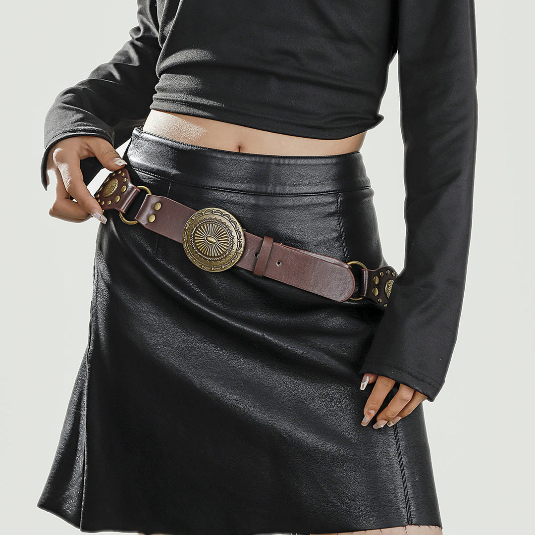 Ceinture en cuir pour femme, style rétro, style urbain, avec anneau circulaire ajouré - Brun - image 5