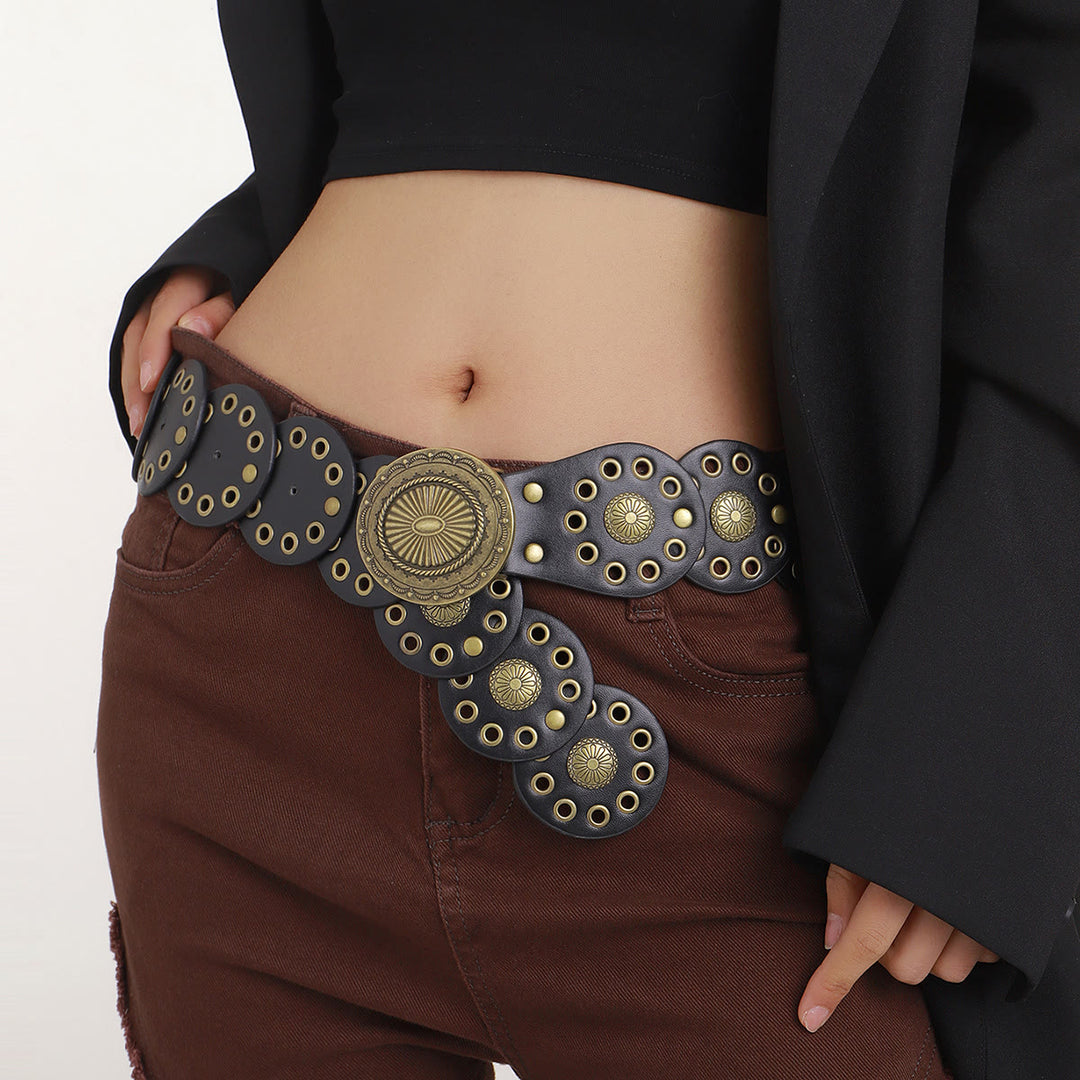 Ceinture ronde en cuir noir pour femme, style western rétro personnalisé - Noir - image 1