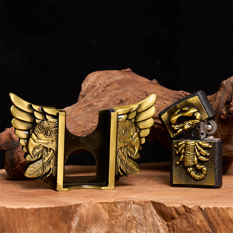 Ceinture en cuir pour homme, motif scopion et aigle en bronze, avec briquet dissimulé - image 1