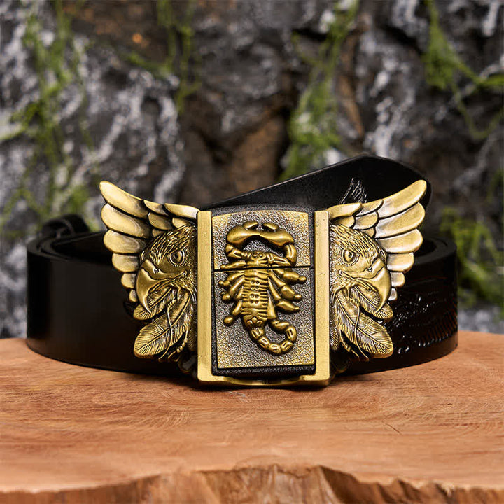 Ceinture en cuir pour homme, motif scopion et aigle en bronze, avec briquet dissimulé - Scopion et Aigle - Ceinture noire avec aigle en relief - 42 - image 2