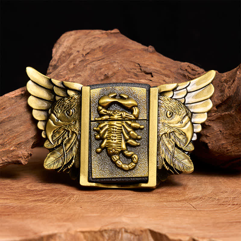 Ceinture en cuir pour homme, motif scopion et aigle en bronze, avec briquet dissimulé - Scopion et Aigle - Sans ceinture - Ceinture non incluse - image 0