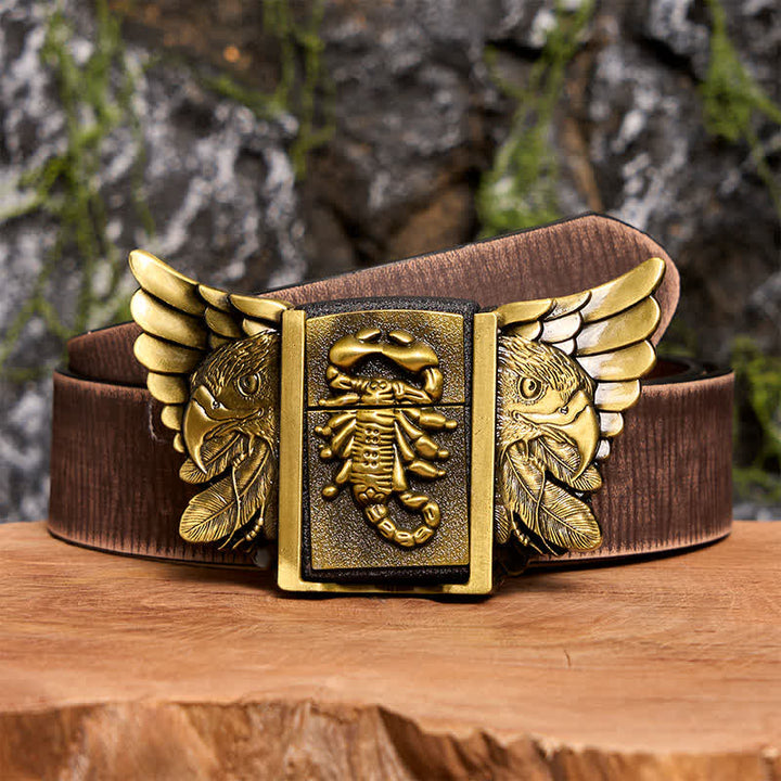 Ceinture en cuir pour homme, motif scopion et aigle en bronze, avec briquet dissimulé - Scopion et Aigle - Ceinture marron vieillie - 42 - image 9