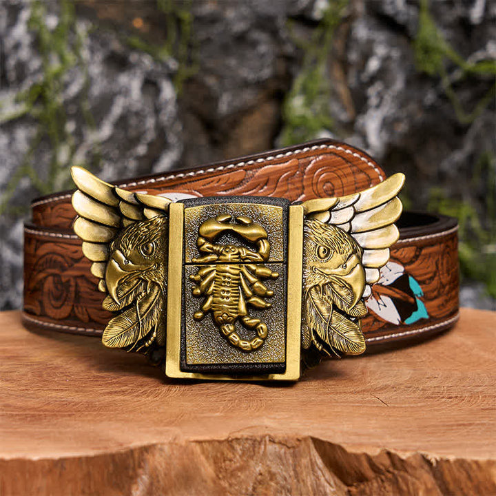 Ceinture en cuir pour homme, motif scopion et aigle en bronze, avec briquet dissimulé - Scopion et Aigle - Ceinture à plumes marron - 40 - image 11
