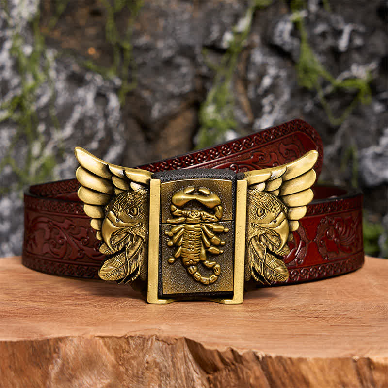 Ceinture en cuir pour homme, motif scopion et aigle en bronze, avec briquet dissimulé - Scopion et Aigle - Ceinture marron sculptée - 42 - image 10