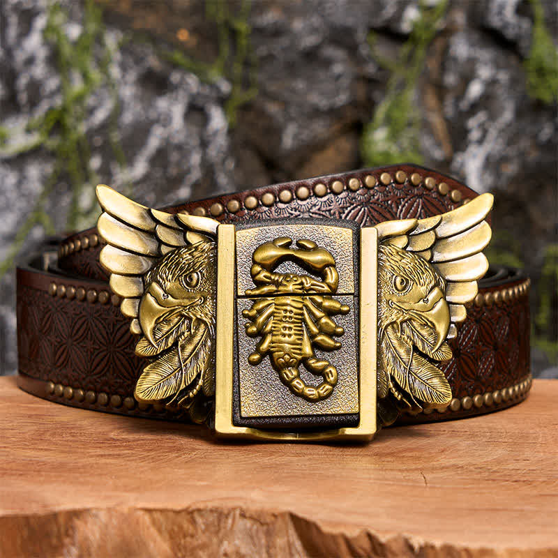 Ceinture en cuir pour homme, motif scopion et aigle en bronze, avec briquet dissimulé - Scopion et Aigle - Ceinture à rivets marron - 42 - image 8